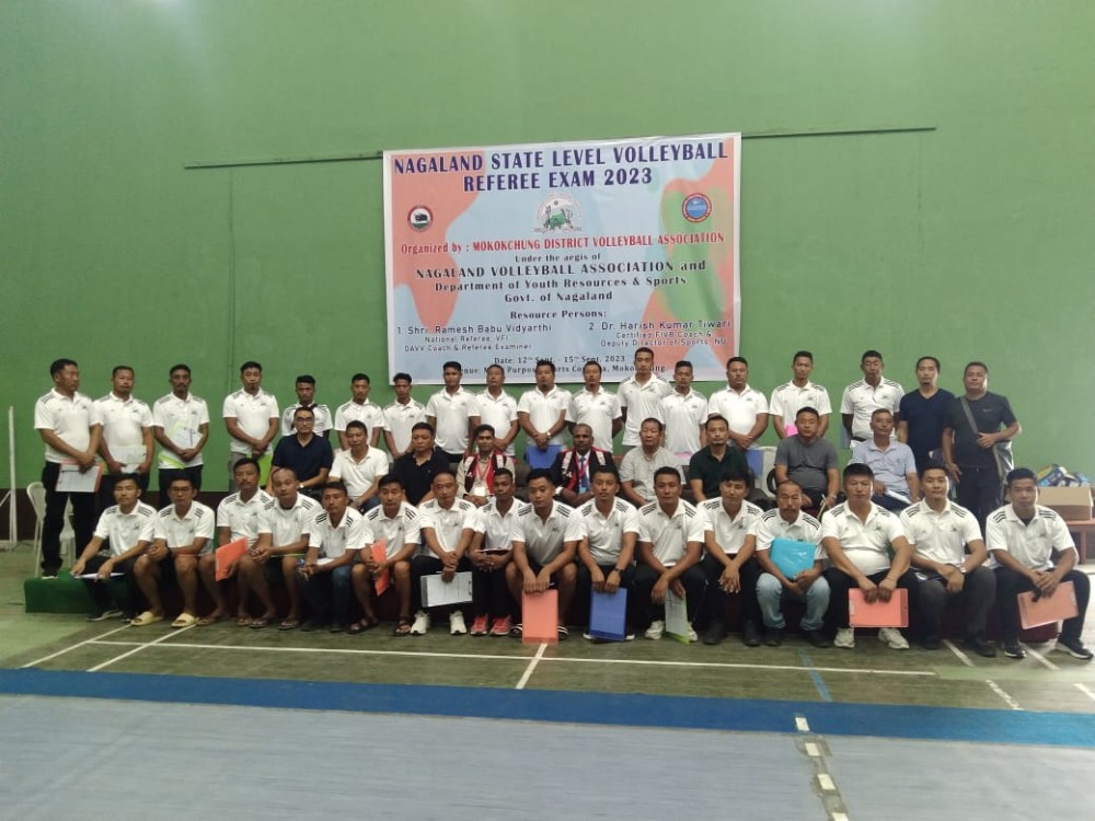 Mokokchung District Volleyball Association office bearers along with the two resource persons, Dr. Harish Kumar Tiwari and Ramesh Babu Vidyarthi on September 12.